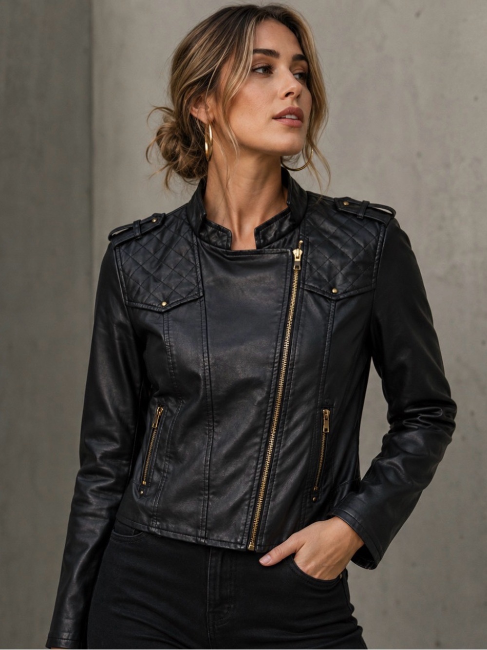Black Quilted Faux Leather Moto Jacket Gold Zipper Hardware Bar III EUC M #2761